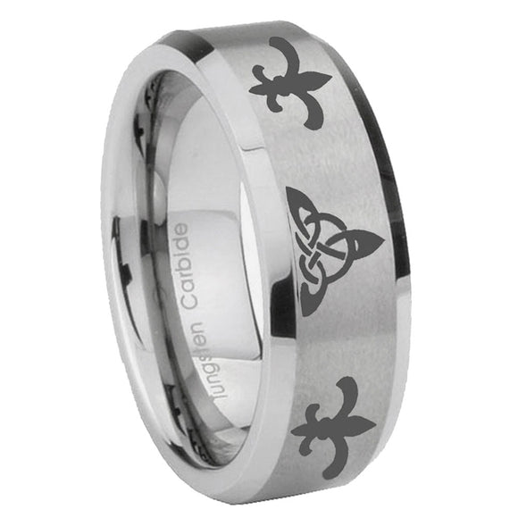 6, 8mm Celtic Triangle Fleur De Lis Beveled Edge Brushed Grey Tungsten Men's Bands Ring