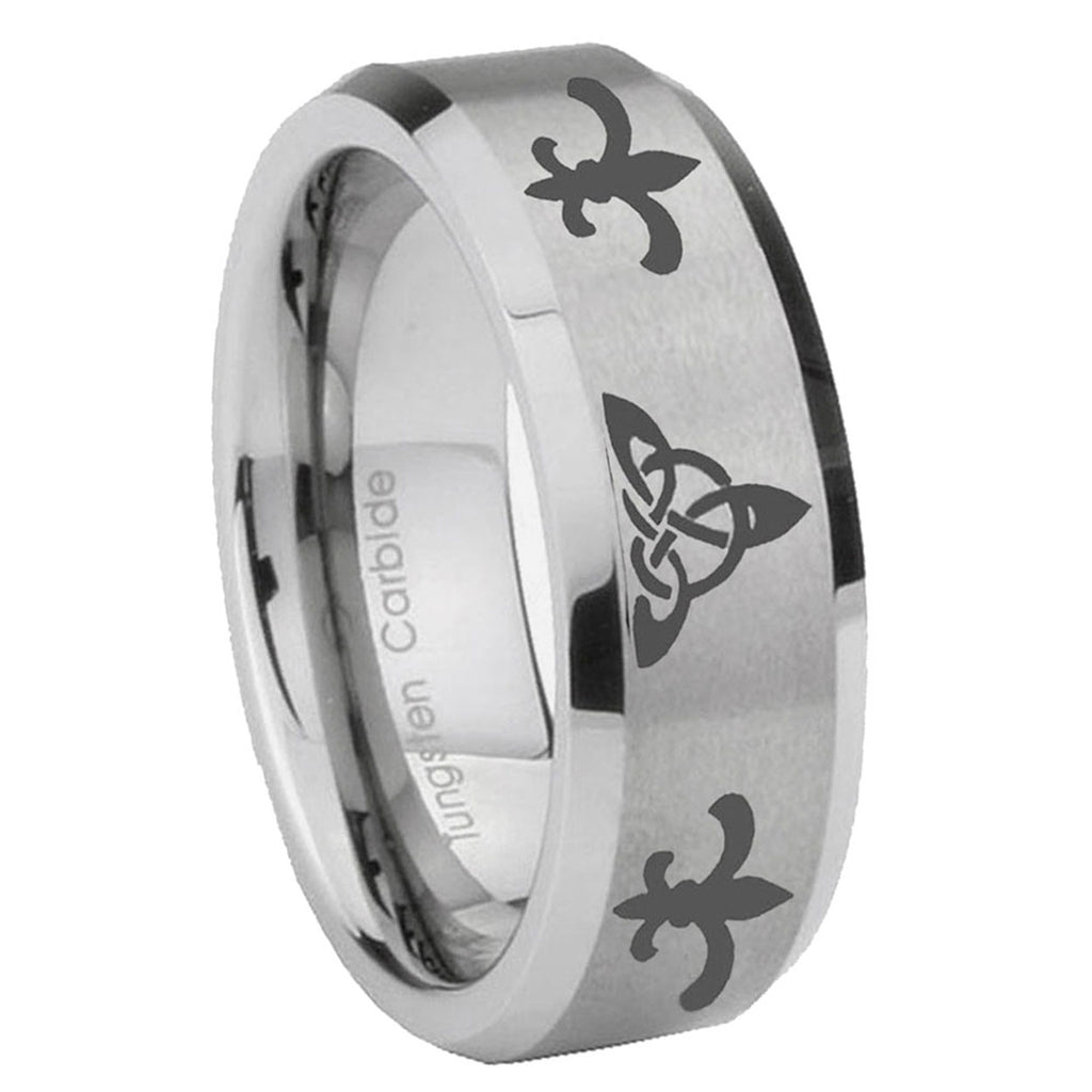 10mm Celtic Triangle Fleur Delis Beveled Matte Grey Tungsten Wedding Bands Ring