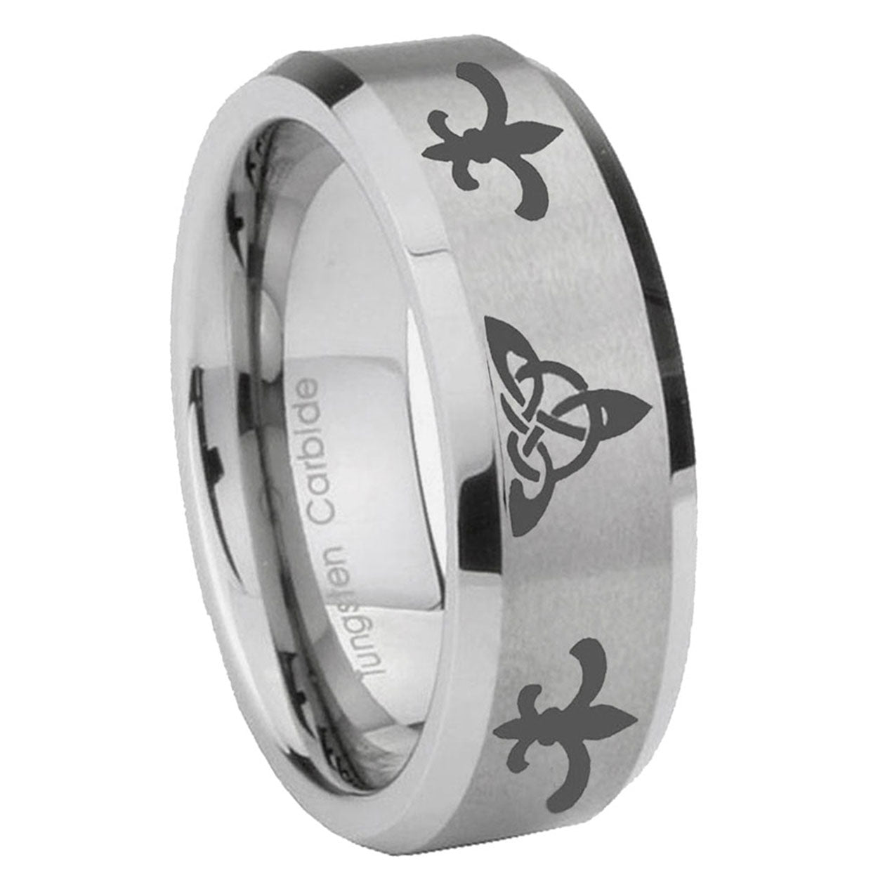 10mm Celtic Triangle Fleur Delis Beveled Matte Grey Tungsten Wedding Bands Ring