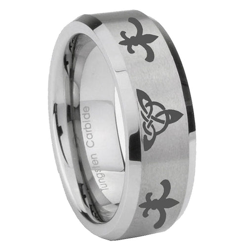 10mm Celtic Triangle Fleur Delis Beveled Matte Grey Tungsten Wedding Bands Ring