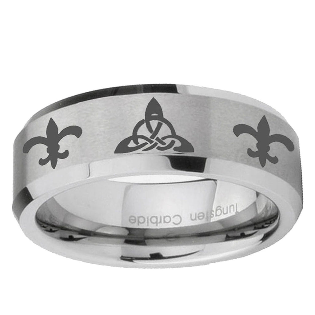 6MM Celtic Triangle Fleur Delis Beveled Brushed Gray Tungsten Band