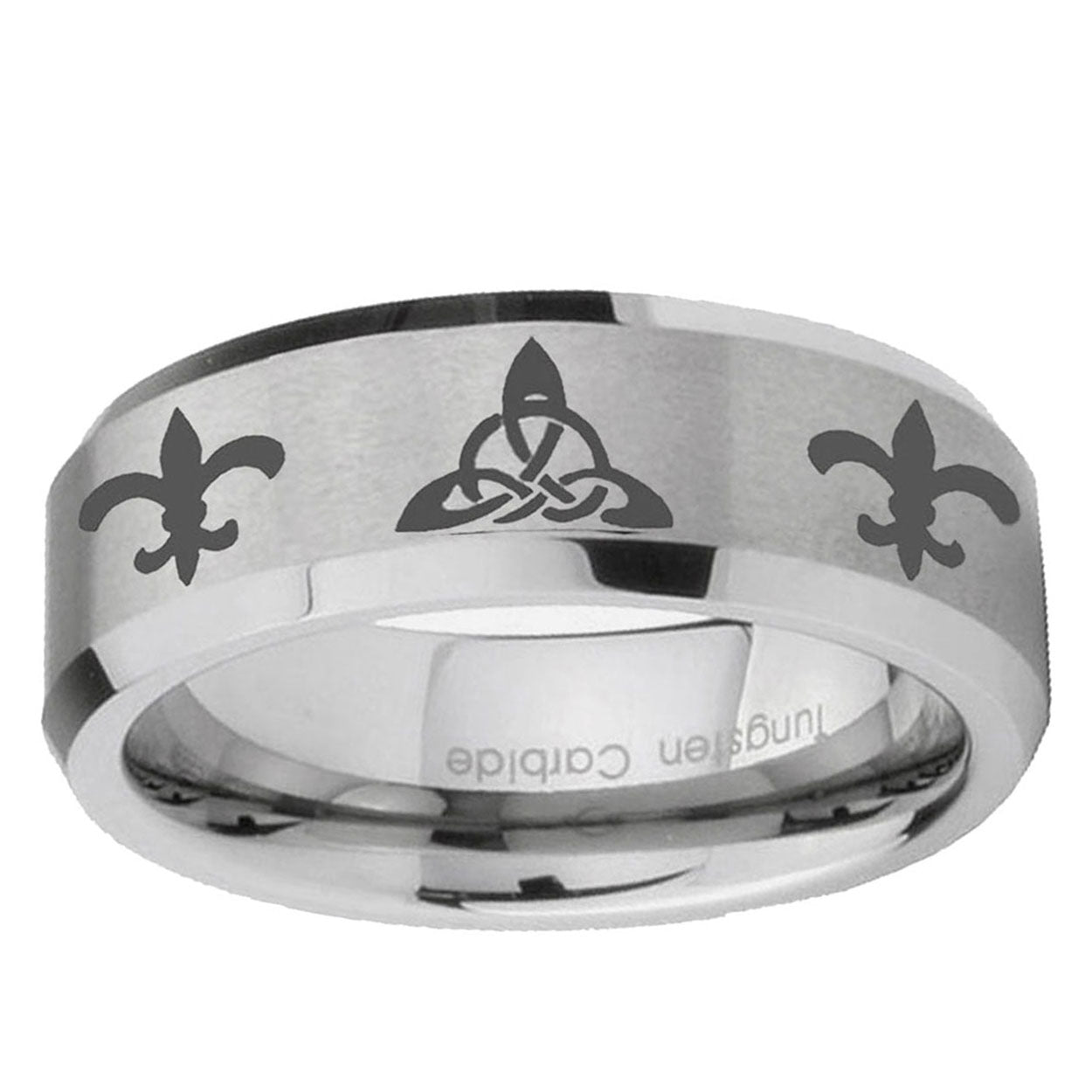 6MM Celtic Triangle Fleur Delis Beveled Brushed Gray Tungsten Band