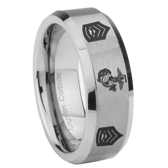 6, 8mm Marine Army Sergeant Beveled Edge Brushed Grey Tungsten Men's Engagement Band