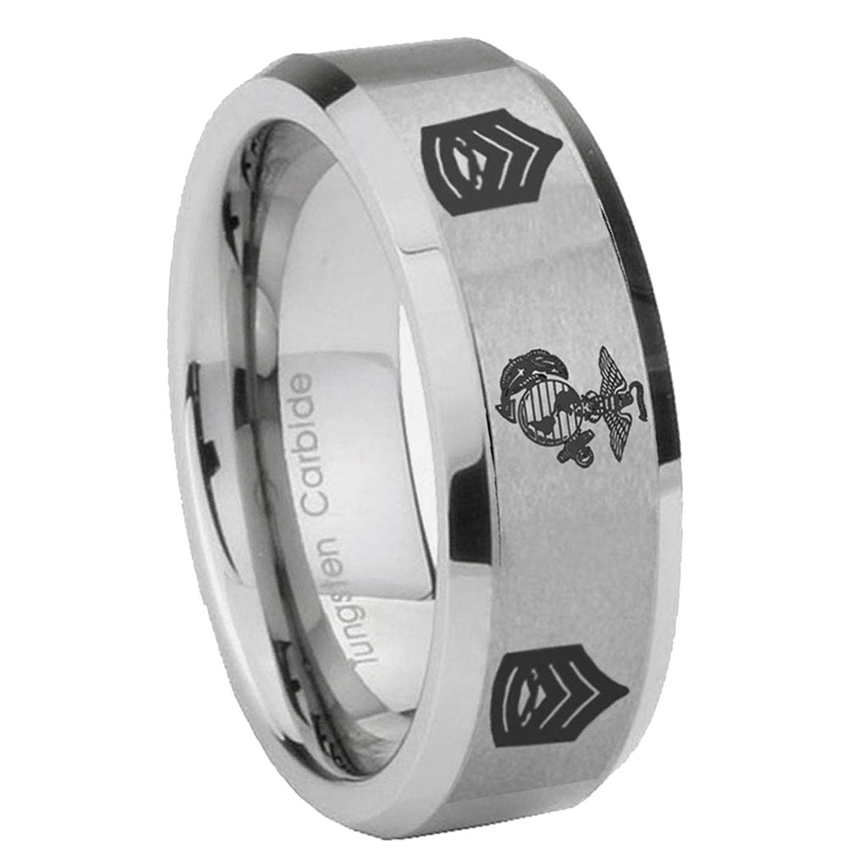 10mm Marine Army Sergeant Beveled Edges Matte Grey Tungsten Carbide Wedding Engraving Ring