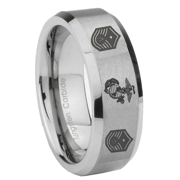 6, 8mm Marine Chief Master Sergeant  Beveled Edge Brushed Grey Tungsten Mens Ring Personalized