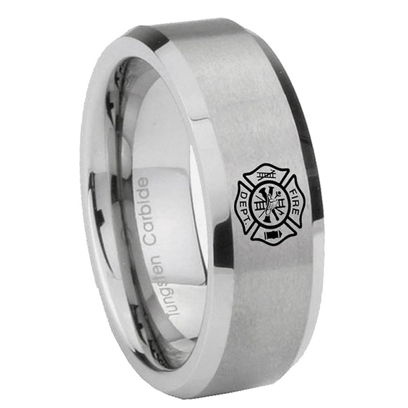 6, 8mm Fire Department Beveled Edge Brushed Grey Tungsten Men's Promise Rings