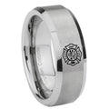 8MM Fire Department Beveled Brushed Gray Tungsten Custom Engraved Ring