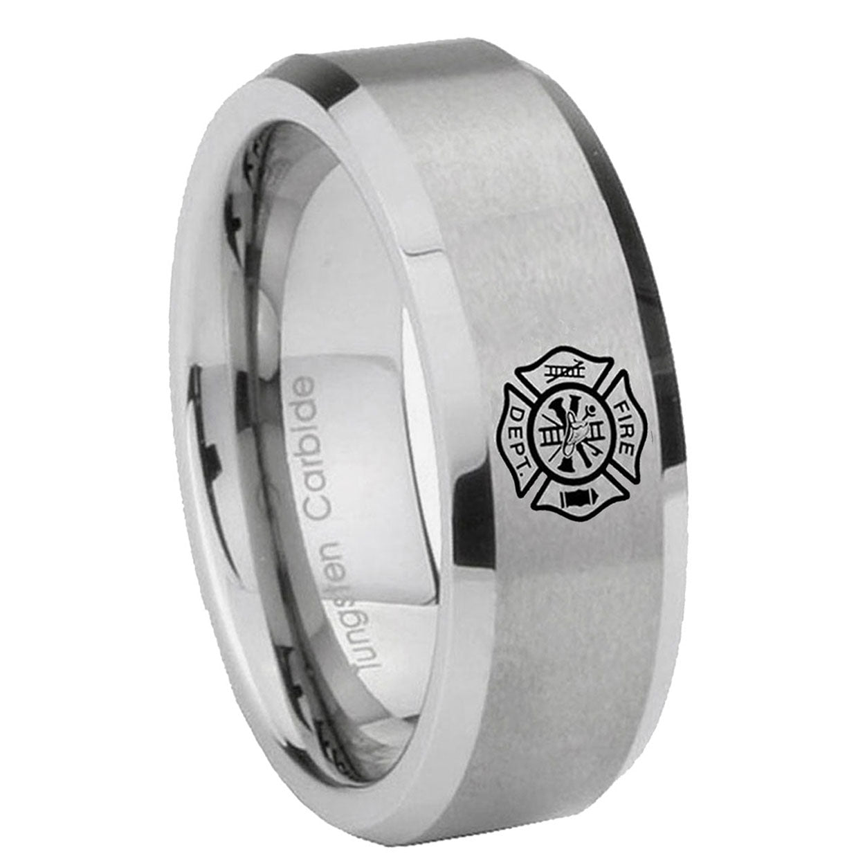 8MM Fire Department Beveled Brushed Gray Tungsten Custom Engraved Ring