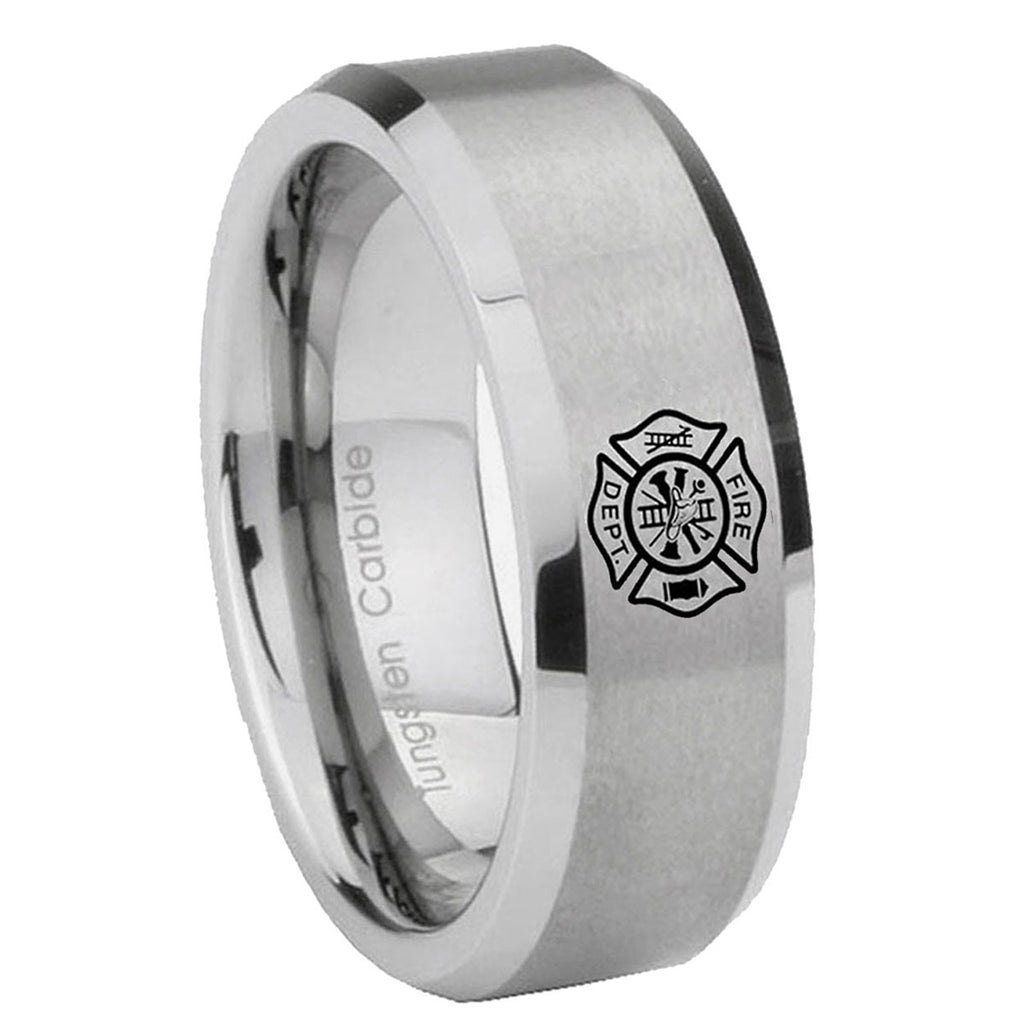10mm Fire Department Beveled Edges Matte Grey Tungsten Carbide Custom Ring for Men