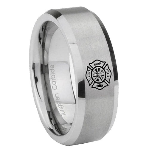 10mm Fire Department Beveled Edges Matte Grey Tungsten Carbide Custom Ring for Men