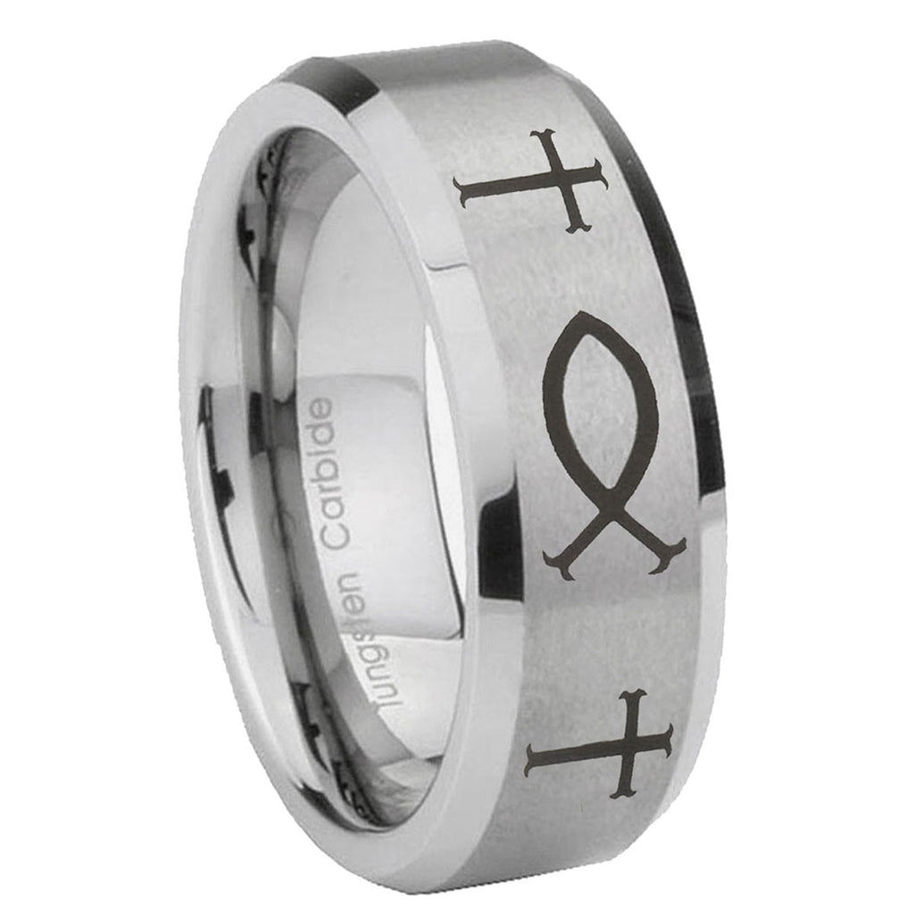 10mm Fish & Cross Beveled Edges Matte Grey Tungsten Carbide Mens Engagement Band