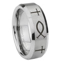 10mm Fish & Cross Beveled Edges Matte Grey Tungsten Carbide Mens Engagement Band