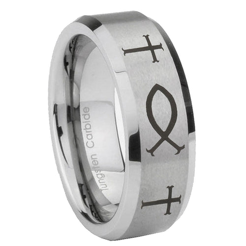 10mm Fish & Cross Beveled Edges Matte Grey Tungsten Carbide Mens Engagement Band
