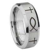 8mm Fish & Cross Beveled Edge Brushed Grey Tungsten Mens Wedding Ring