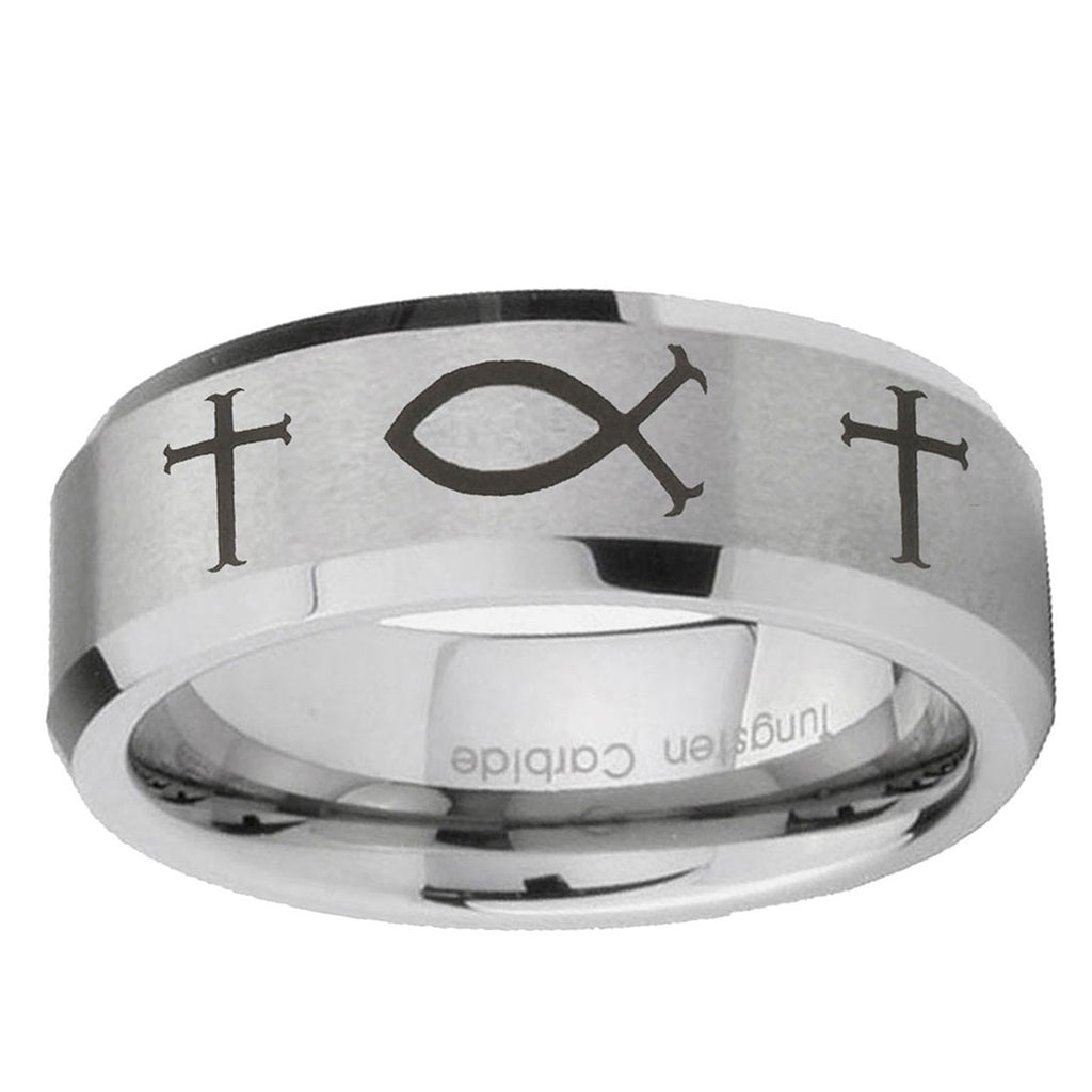 6MM Fish And Cross Beveled Brushed Gray Tungsten Mens Engagement Ring