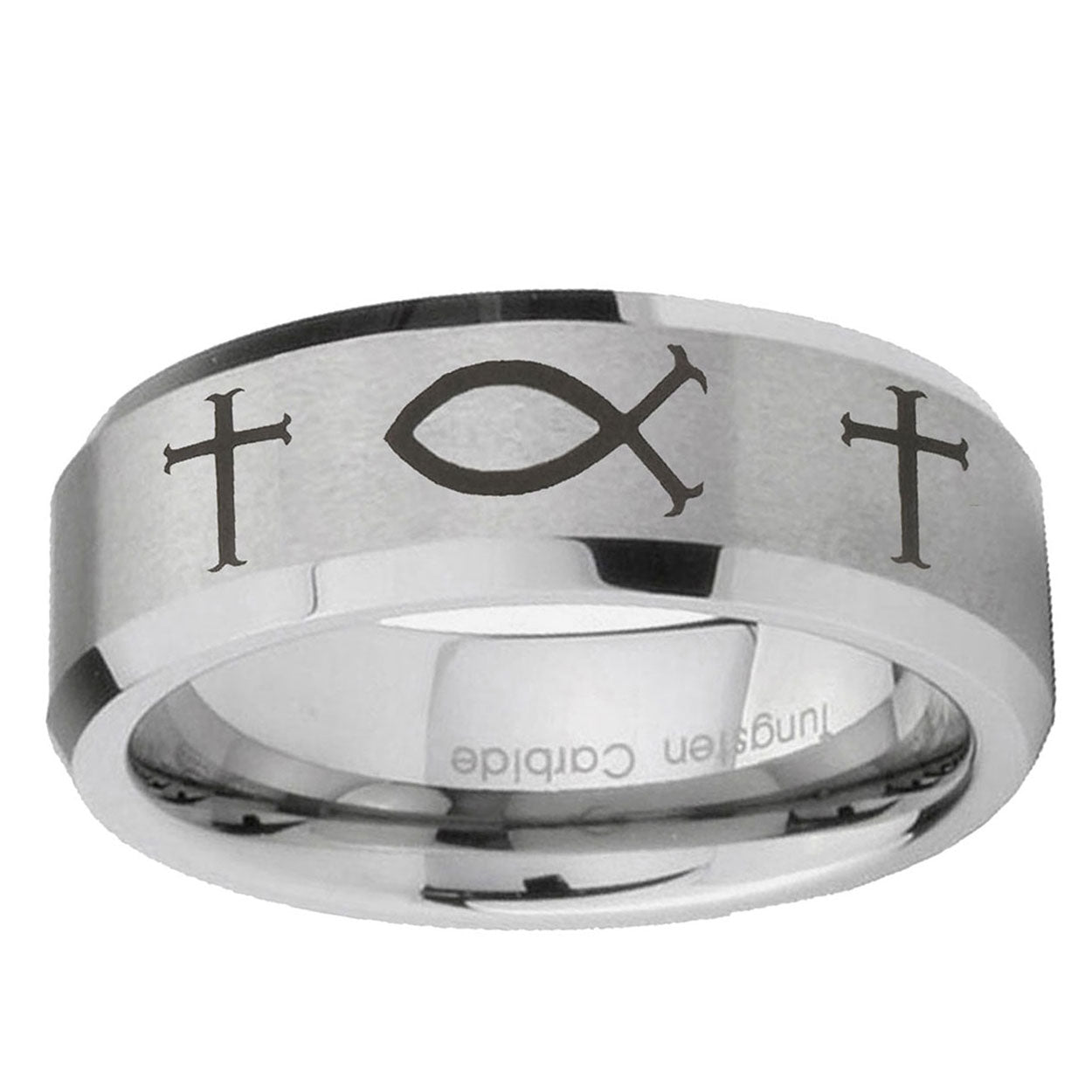6MM Fish And Cross Beveled Brushed Gray Tungsten Mens Engagement Ring
