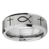 10mm Fish & Cross Beveled Edge Matte Grey Tungsten Ring