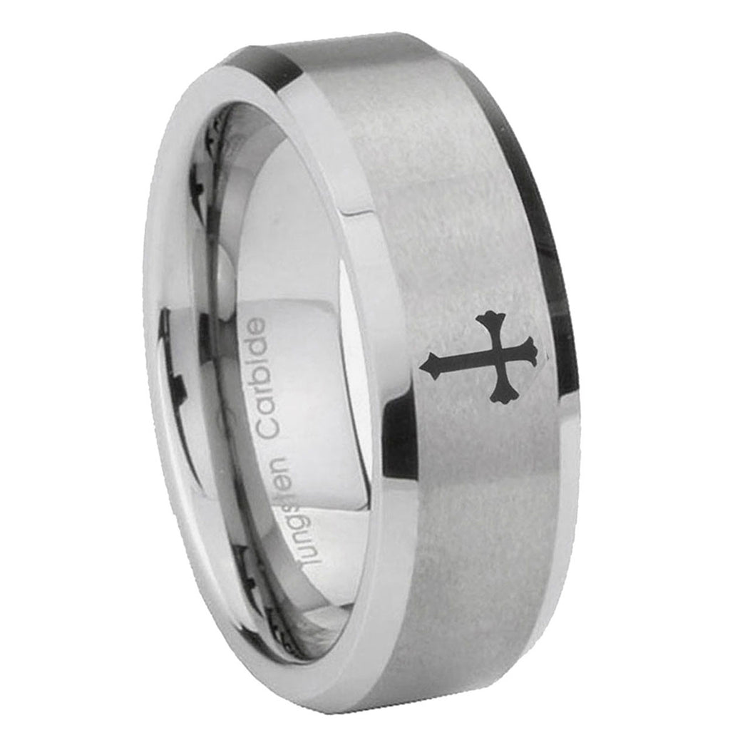 8MM Flat Christian Cross Beveled Brushed Gray Tungsten Rings