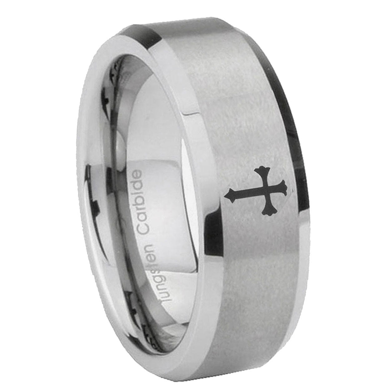 8MM Flat Christian Cross Beveled Brushed Gray Tungsten Rings