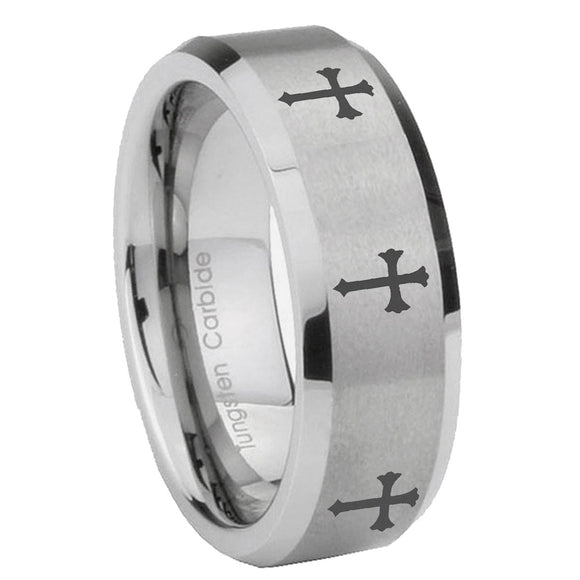 10mm-Multiple-Christian-Cross-Beveled-Edges-Matte-Grey-Tungsten-Men's-Wedding-Band