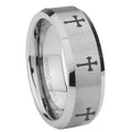 8MM Multiple Christian Cross Beveled Brushed Gray Tungsten Mens Ring