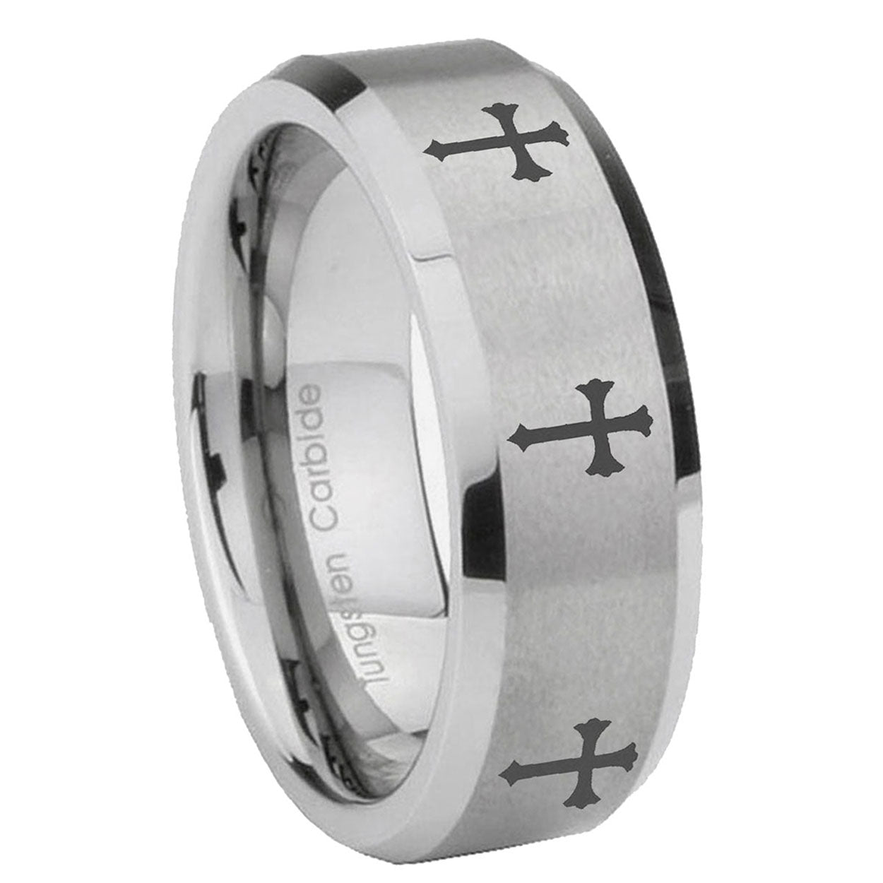 10mm Multiple Christian Cross Beveled Edges Matte Grey Tungsten Men's Wedding Band