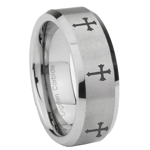 10mm Multiple Christian Cross Beveled Edges Matte Grey Tungsten Men's Wedding Band
