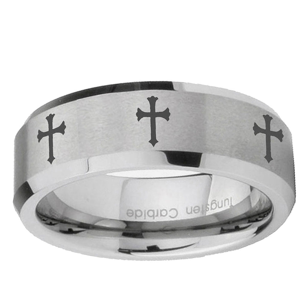 6MM Multiple Christian Cross Beveled Brushed Gray Tungsten Mens Ring