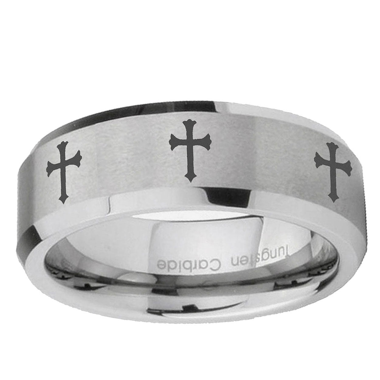 6MM Multiple Christian Cross Beveled Brushed Gray Tungsten Mens Ring