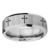 10mm Multiple Christian Cross Beveled Edge Matte Grey Tungsten Men's Wedding Band