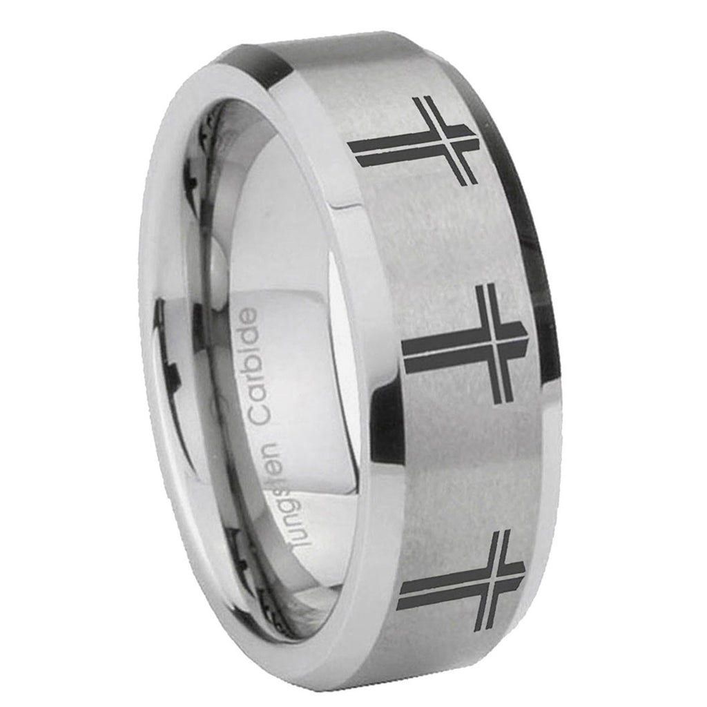 8MM Multiple Christian Cross Beveled Brushed Gray Tungsten Ring Men