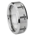 8MM Multiple Christian Cross Beveled Brushed Gray Tungsten Ring Men
