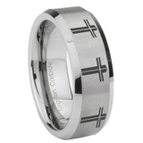 8mm Multiple Christian Cross Beveled Edge Brushed Grey Tungsten Mens Ring