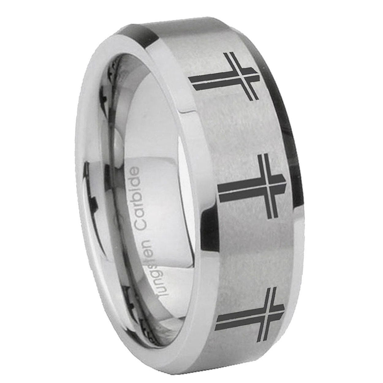 10mm Multiple Christian Cross Beveled Edges Matte Grey Tungsten Engagement Ring