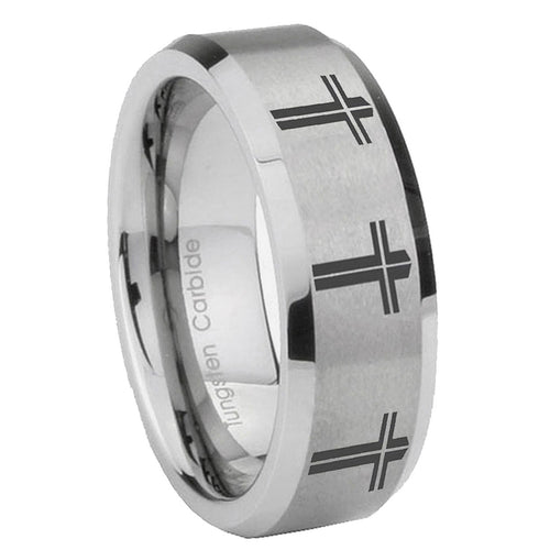 10mm Multiple Christian Cross Beveled Edges Matte Grey Tungsten Engagement Ring
