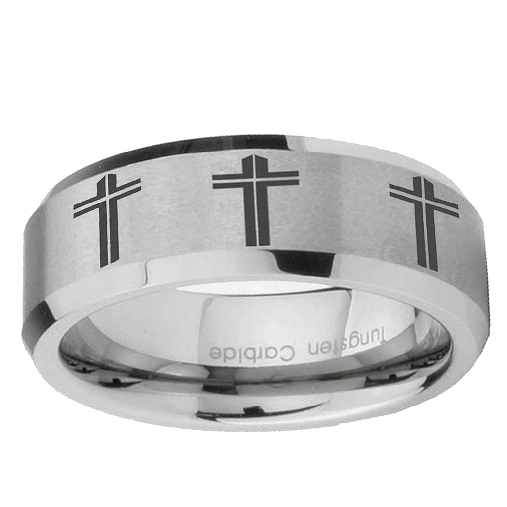6MM Multiple Christian Cross Beveled Brushed Gray Tungsten Ring Men