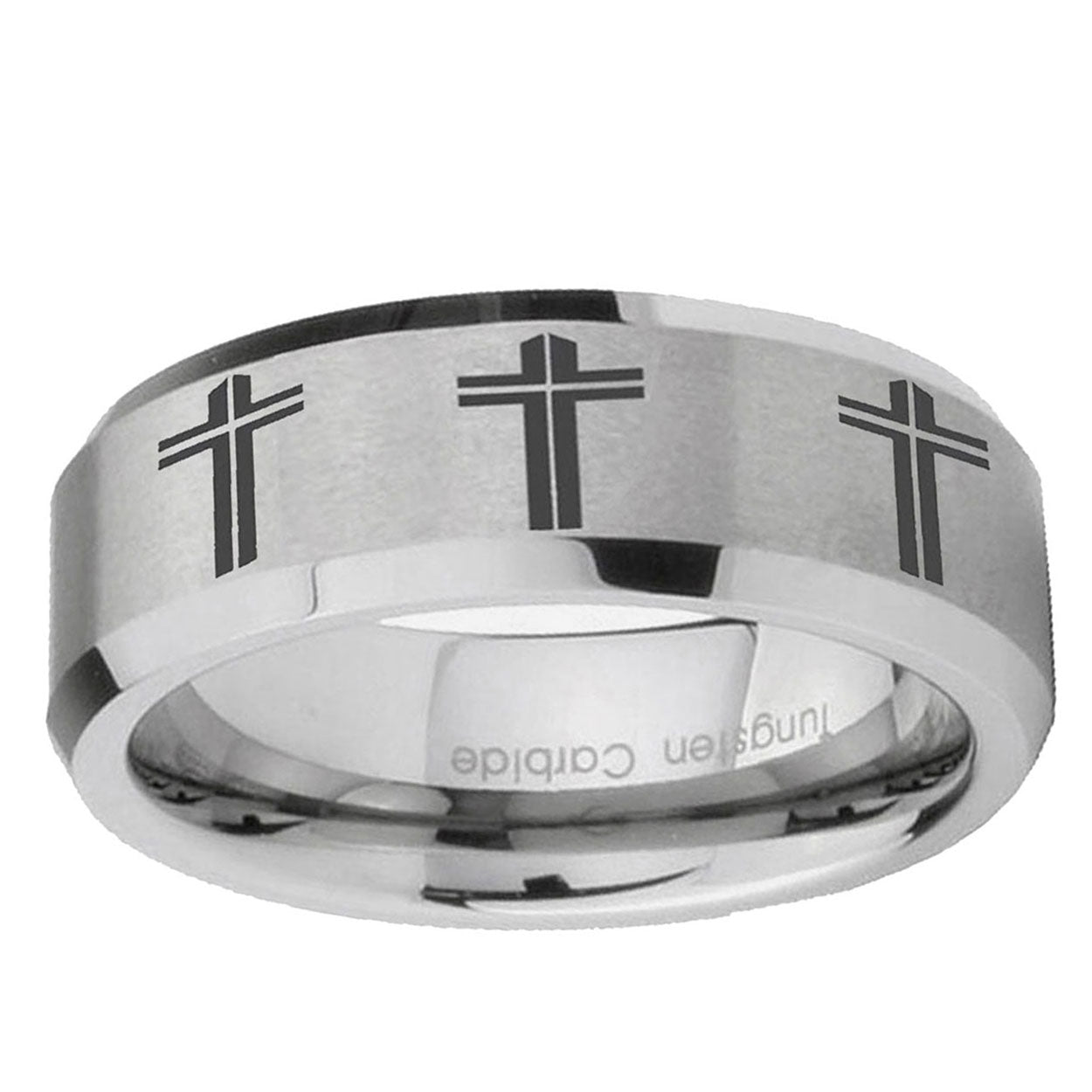 10mm Multiple Christian Cross Beveled Edge Matte Grey Tungsten Ring