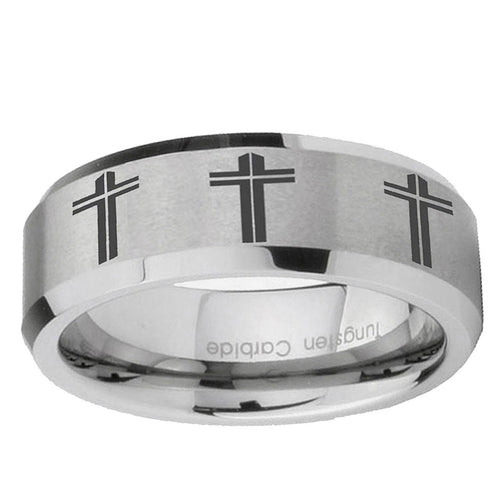 10mm Multiple Christian Cross Beveled Edge Matte Grey Tungsten Ring