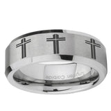 6, 8mm Multiple Christian Cross Beveled Edge Brushed Grey Tungsten Mens Ring