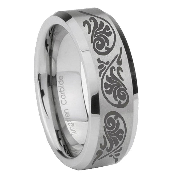 10mm-Etched-Tribal-Pattern-Beveled-Edges-Matte-Grey-Tungsten-Men's-Band-Ring