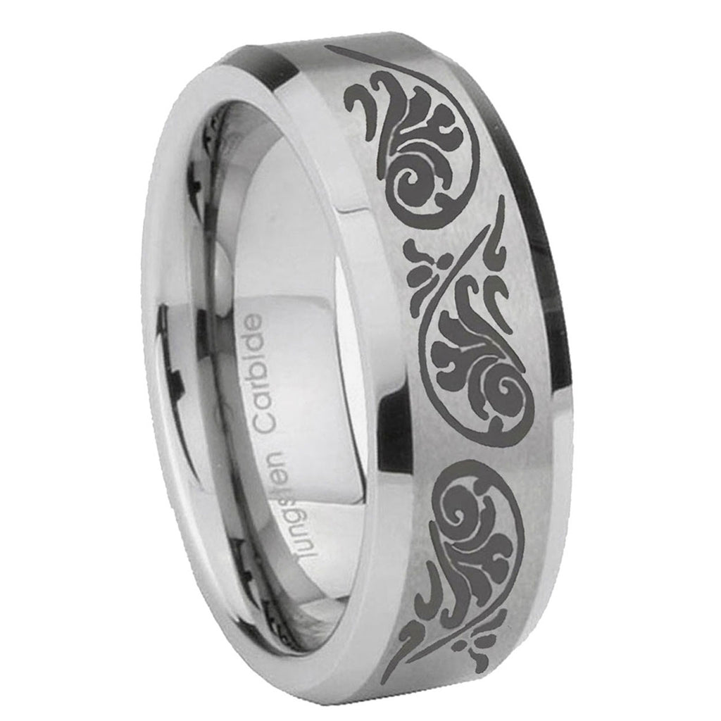 10mm Etched Tribal Pattern Beveled Edges Matte Grey Tungsten Men's Band Ring