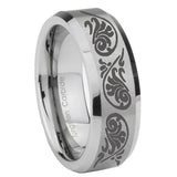 8mm Etched Tribal Pattern Beveled Edge Brushed Grey Tungsten Mens Ring Personalized
