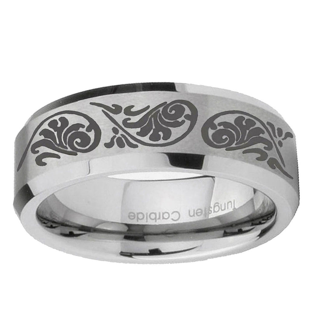 6MM Etched Tribal Pattern Beveled Brushed Gray Tungsten Promise Ring