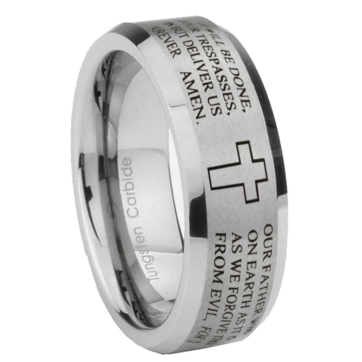 8MM Etched Lord's Prayer Beveled Brushed Gray Tungsten Custom Ring