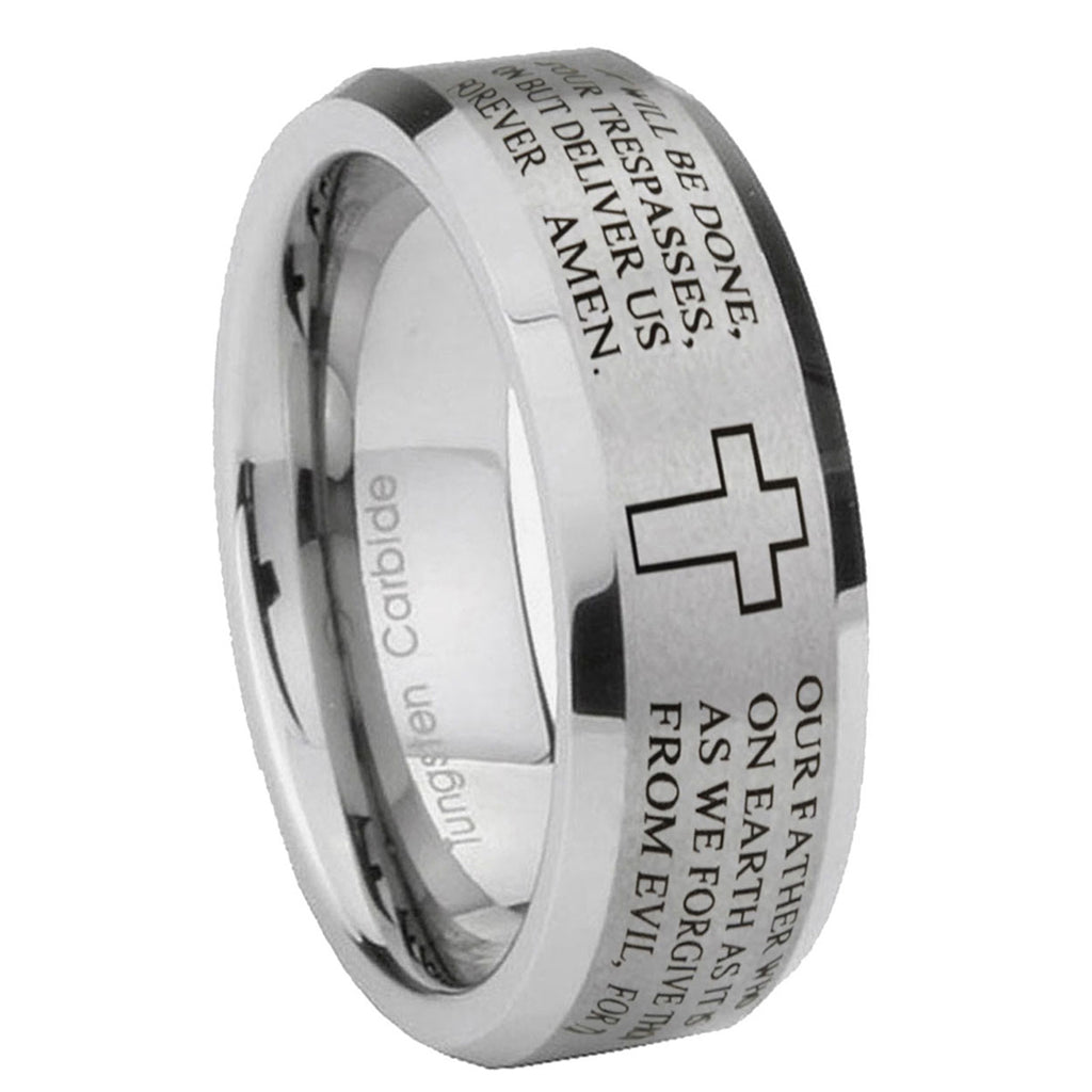10mm Bible Lord's Prayer Cross Beveled Edges Matte Grey Tungsten Carbide Mens Ring Engraved