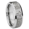 10mm Bible Lord's Prayer Cross Beveled Edges Matte Grey Tungsten Carbide Mens Ring Engraved