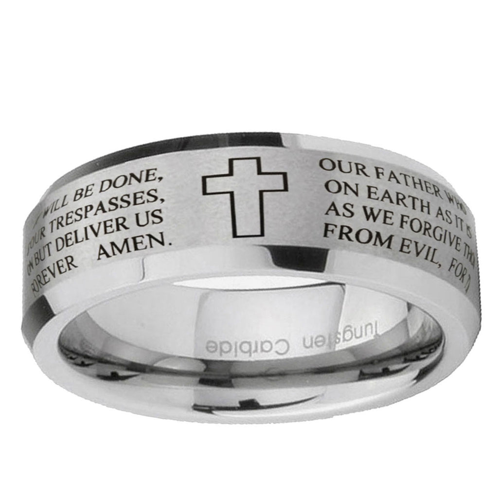 6MM Etched Lord's Prayer Beveled Brushed Gray Tungsten Custom Ring