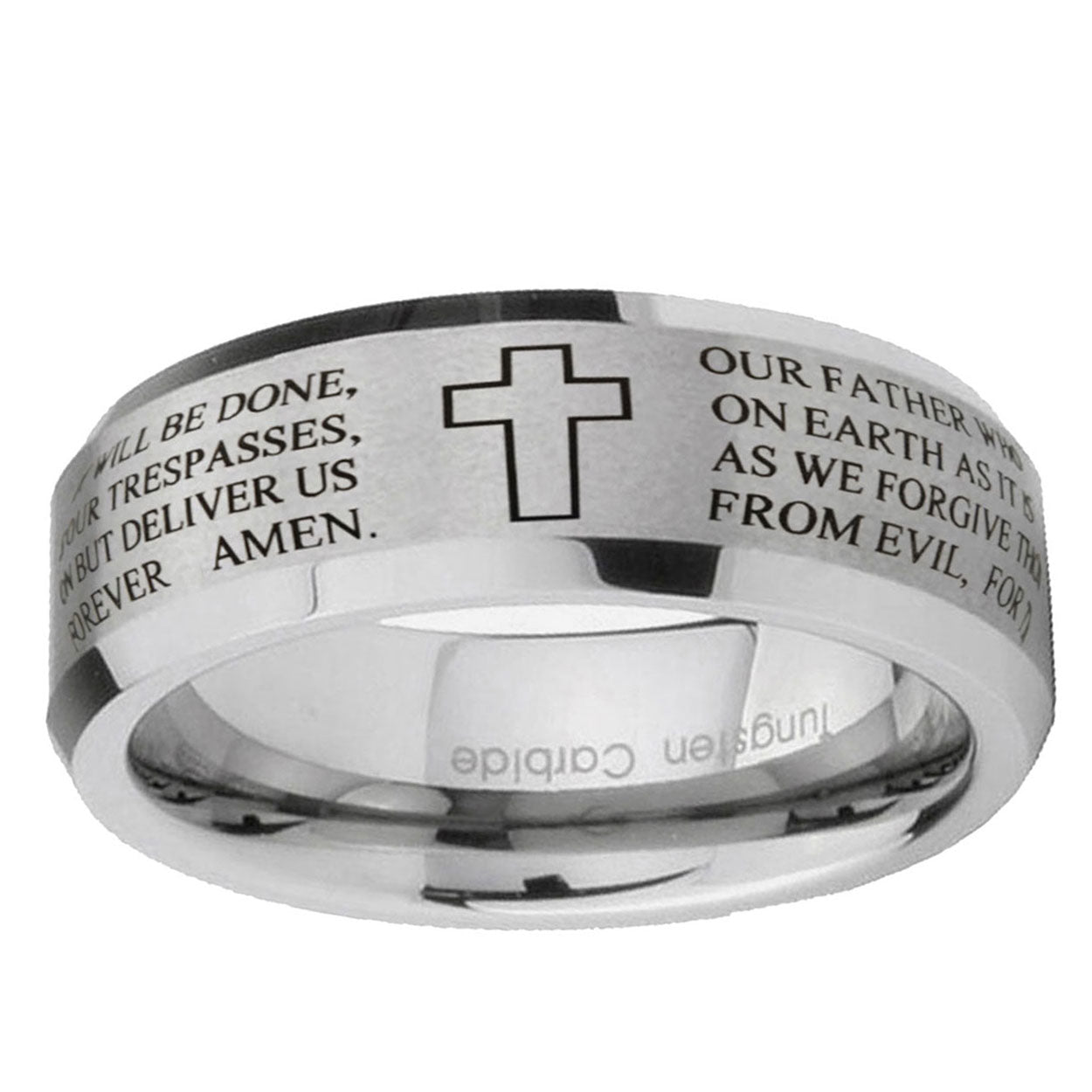 10mm Bible Lord's Prayer Cross Beveled Edge Matte Grey Tungsten Ring