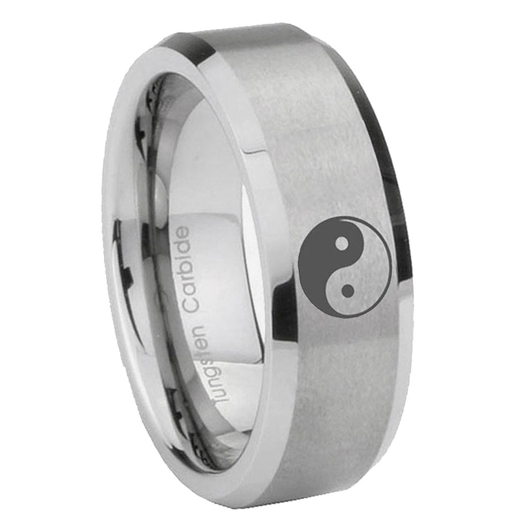 8MM Yin Yang Beveled Brushed Gray Tungsten Man Wedding Band