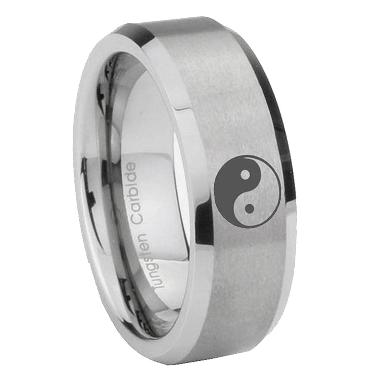 8MM Yin Yang Beveled Brushed Gray Tungsten Man Wedding Band